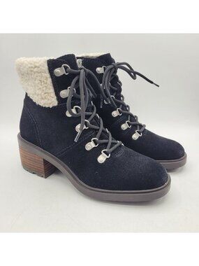 Lucky Brand Demia Oiled Boots Womens Sz 7 Suede Leather Faux Fur Lace Up Zip EUC